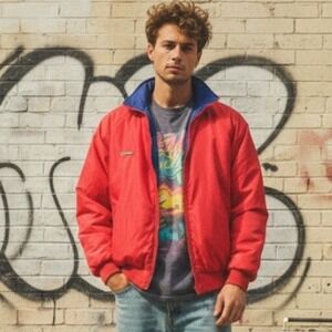 VTG 90s Columbia men Large Reversible Bomber Jacket coat Red Blue Zip gorpcore